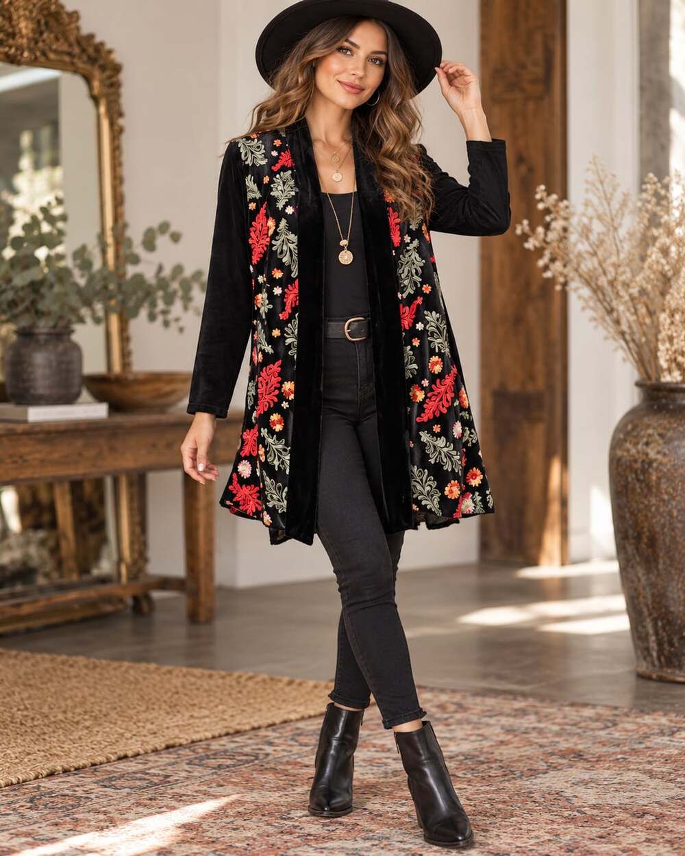 Weavz Black Velvet Floral Embroidered Open Front Duster Cardigan Size M
